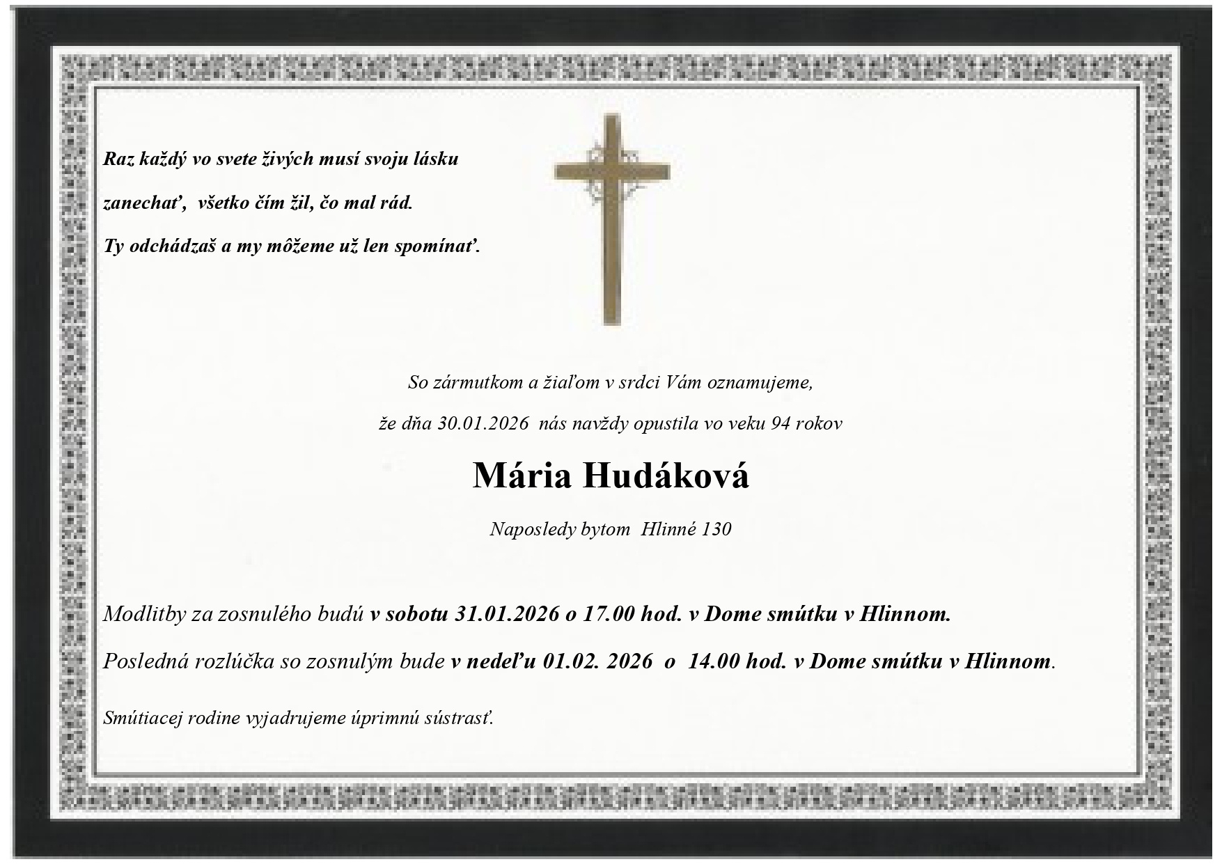 Smútočné oznámenie Mária Hudáková