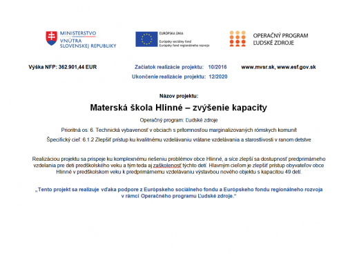 Fotka - Materská škola Hlinné – zvýšenie kapacity