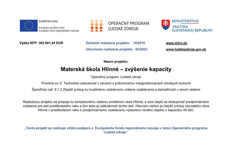 Fotka - Materská škola Hlinné – zvýšenie kapacity