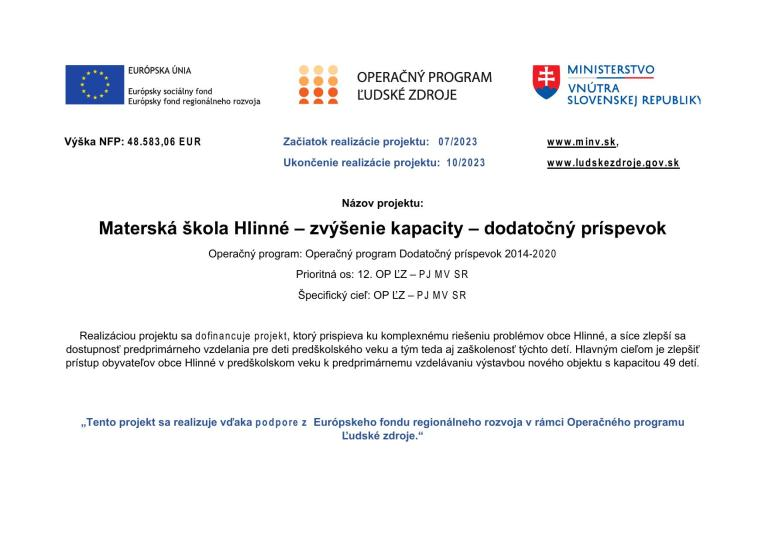 Fotka - MŠ Hlinné - zvýšenie kapacity - dodatočný príspevok