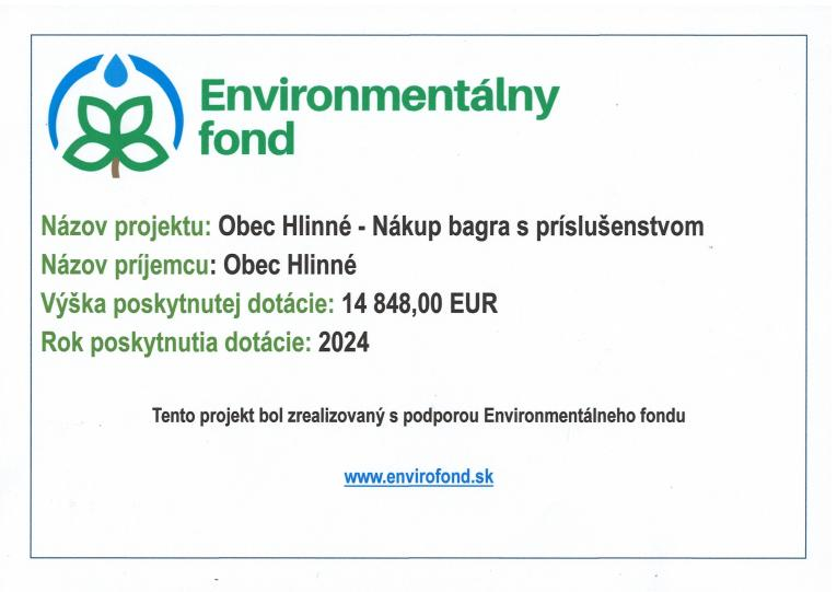 Fotka - Obec Hlinné – Nákup bagra s príslušenstvom